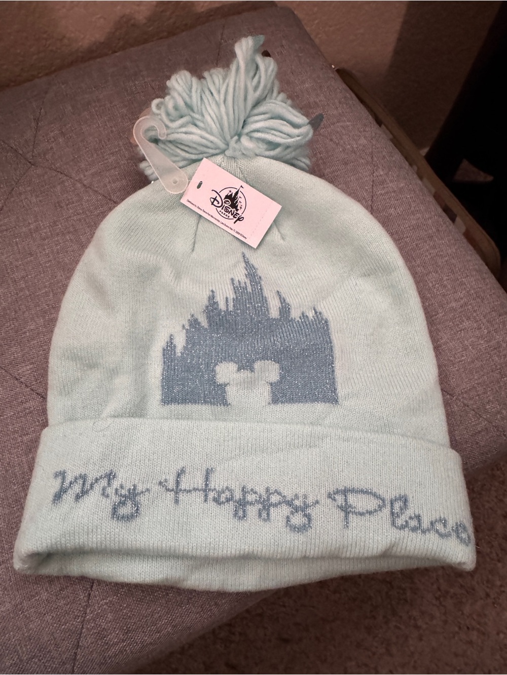 Disney Light Mint Pom Beanie with Castle Motif